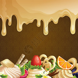 糖果甜点背景与焦糖糖浆,白色巧克力装饰矢量插图图片