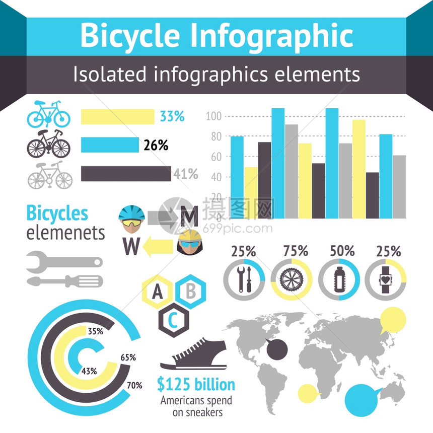 自行车运动健身信息图元素与图表矢量插图图片