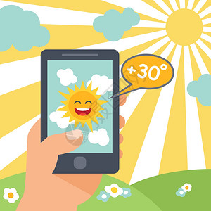手与手机天气预报热智能手机海报与微笑太阳矢量插图插画