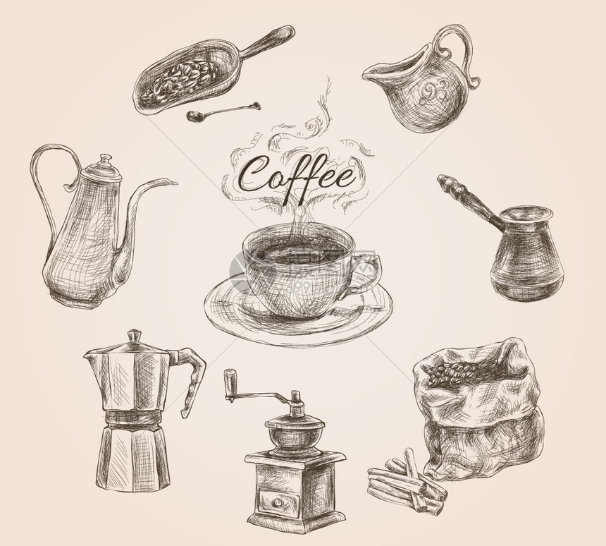 咖啡套与牛奶罐,Cezve咖啡豆,老式涂鸦手绘矢量插图图片