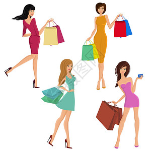 购物女孩轻感女人物与时尚包孤立矢量插图背景图片