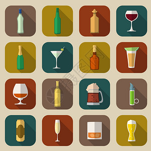 酒精饮料瓶璃图标平套龙舌兰酒威士忌隔离矢量插图图片