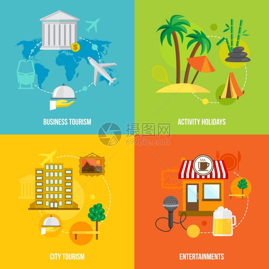 建筑旅游图标,平商业活动,假日,城市娱乐活动,矢量插图图片