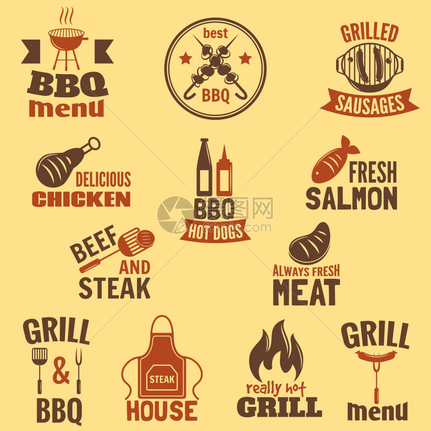 烧烤烧烤标签最好的优质鱼肉类烧烤隔离矢量插图图片