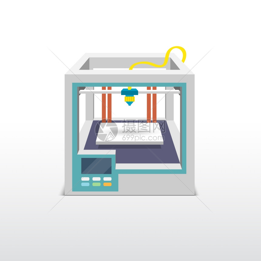 印刷机3D打印机技术创新模型原型矢量插图图片