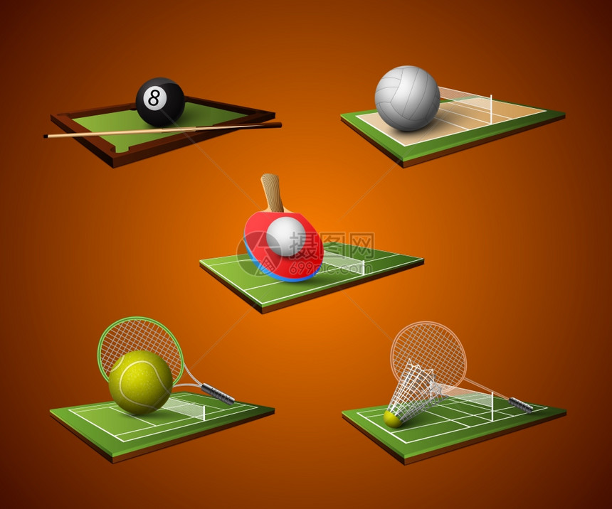 写实运动图标乒乓球台球羽毛球排球孤立矢量插图图片