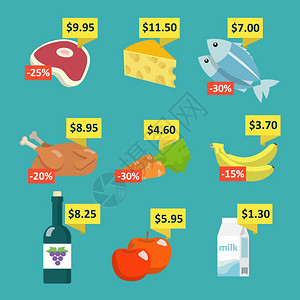 蔬菜价格超市食品饮料选择图标价格标签折扣标签平矢量插图插画