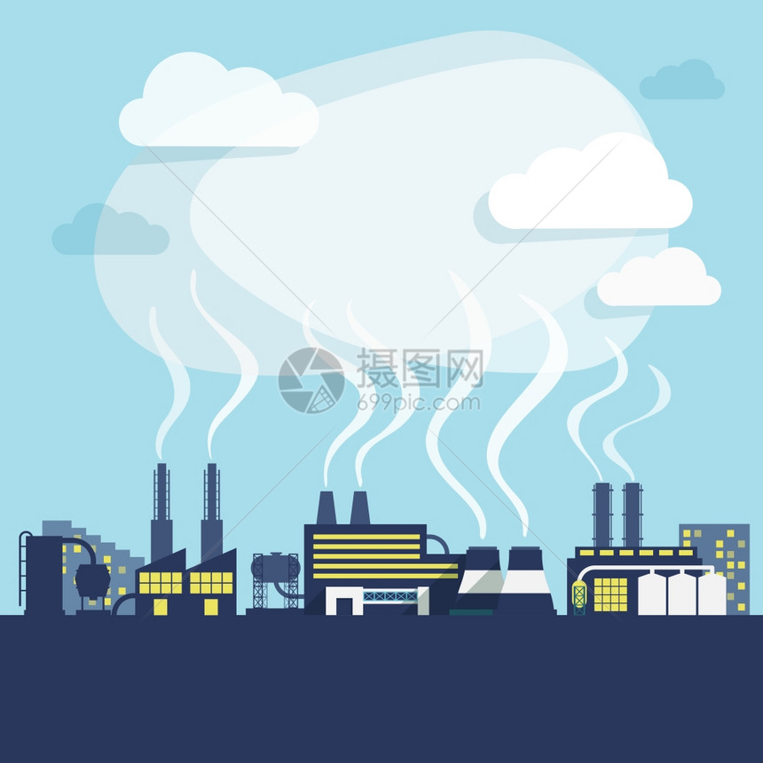 工厂制造厂的工业设施,带污染烟雾背景打印矢量插图图片