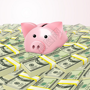 猪你成功立体字粉红色可爱的储蓄罐钱保险箱堆美元背景矢量插图插画