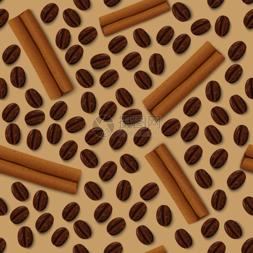 棕色咖啡豆,深烤谷物肉桂棒无缝图案矢量插图图片