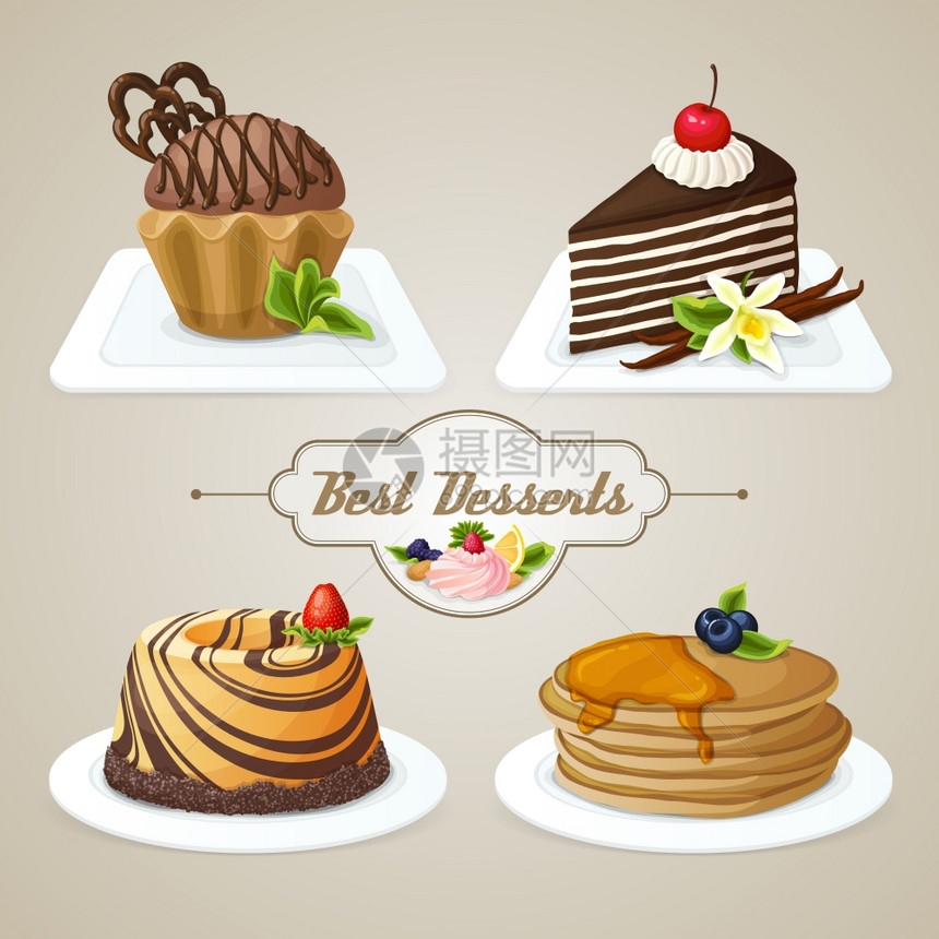 装饰糖果食品甜点套松饼锅分层蛋糕布里切矢量插图图片
