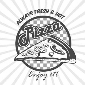 披萨店宣传单比萨饼店广告新鲜热享受海报与比萨饼切片黑白矢量插图插画