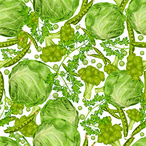 绿色蔬菜机食品无缝图案与卷心菜香菜豌豆矢量插图图片