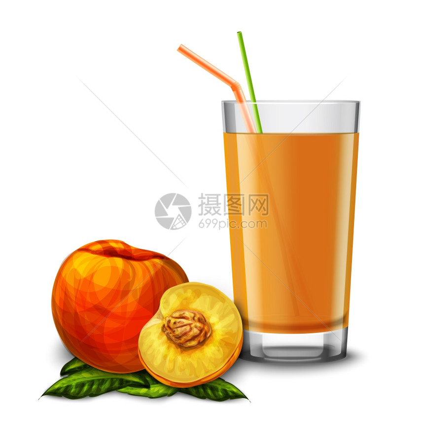 真实的璃,充满果汁与鸡尾酒吸管桃子水果分离白色背景矢量插图图片