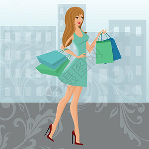 轻感的购物女孩与时尚袋与漩涡装饰城市背景矢量插图图片
