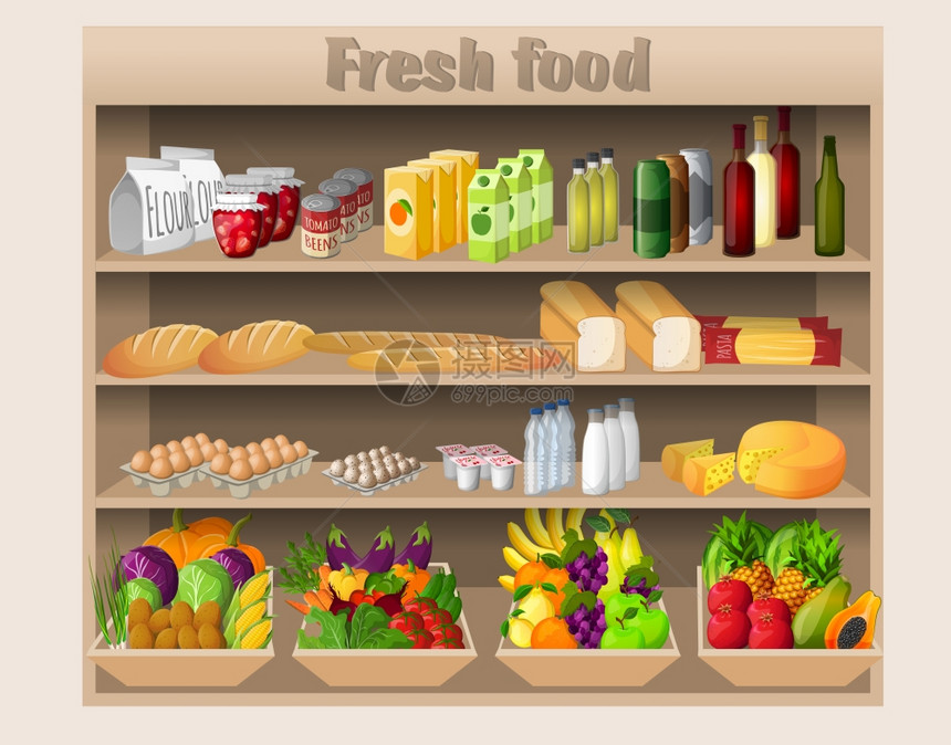 超市货架上食品饮料水果蔬菜包牛奶杂货店矢量插图图片