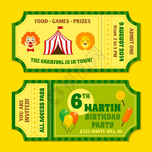 已预订标签两个老式马戏嘉华生日派邀请票模板与小丑气球孤立矢量插图插画