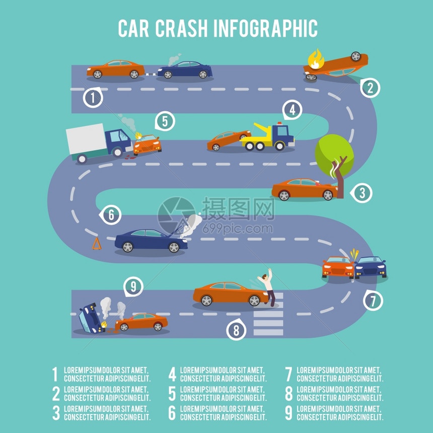 车祸信息图集与损坏的自动燃烧车辆矢量插图图片