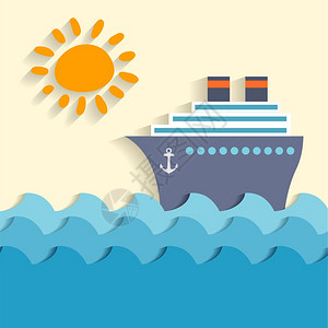 海洋卡通海报与船舶太阳矢量插图图片