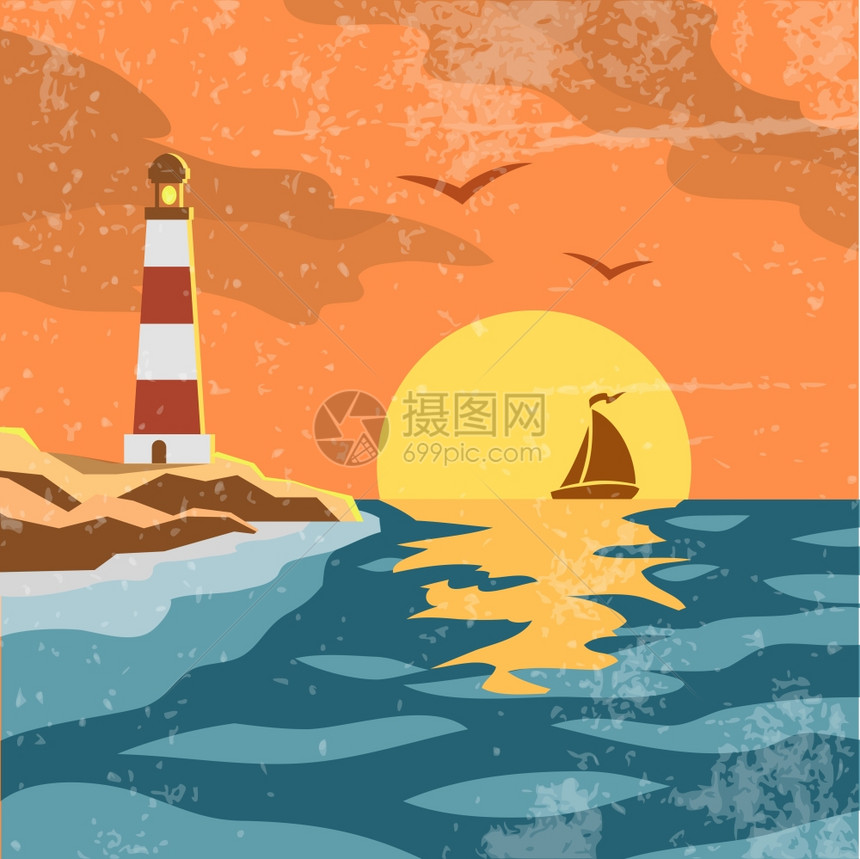 海上复古海报与帆船日出灯塔矢量插图图片