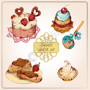 食品糖果包店糕点素描彩色草莓奶油杯蛋糕孤立矢量插图图片