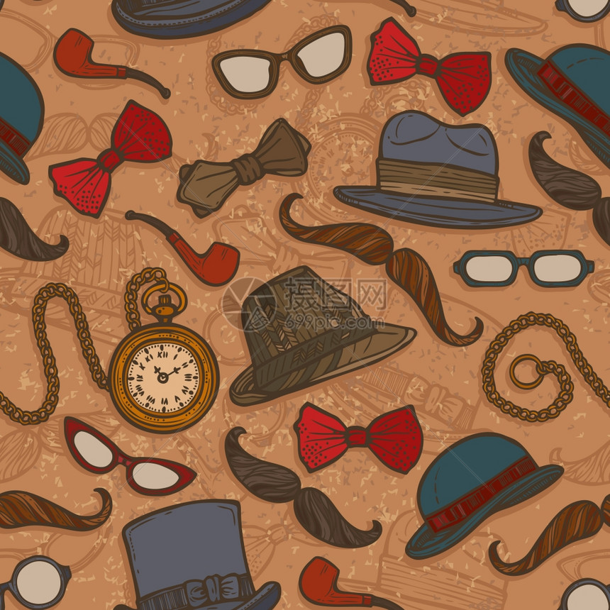 老式绅士帽子,眼镜,胡须,领结,彩色无缝图案矢量插图图片