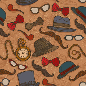 老式绅士帽子,眼镜,胡须,领结,彩色无缝图案矢量插图图片