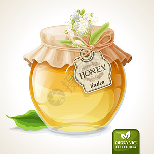 蜂蜜与花素材天然甜金机椴树蜂蜜璃瓶与标签纸盖矢量插图插画