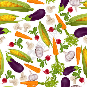 大蒜发芽蔬菜机食品现实无缝图案与大蒜玉米胡萝卜矢量插图插画