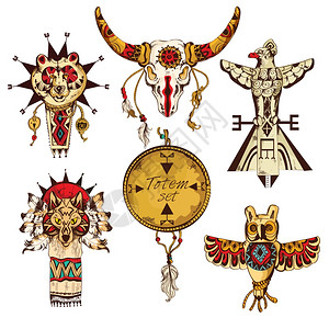 美洲民族部落动物图腾彩色素描装饰元素矢量插图高清图片