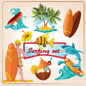 海滩冲浪夏季装饰元素矢量插图背景图片