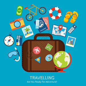 旅游度假,冒险,平与手提箱旅游图标矢量插图图片