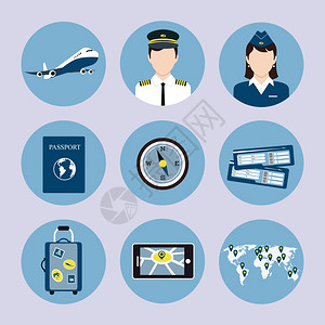 航空公司旅行图标与飞行员空姐护照行李手推车票矢量孤立插图图片