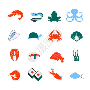 装饰海鲜鱿鱼龙虾鱼寿司象形文字海洋软体动物图标平抽象孤立矢量插图图片