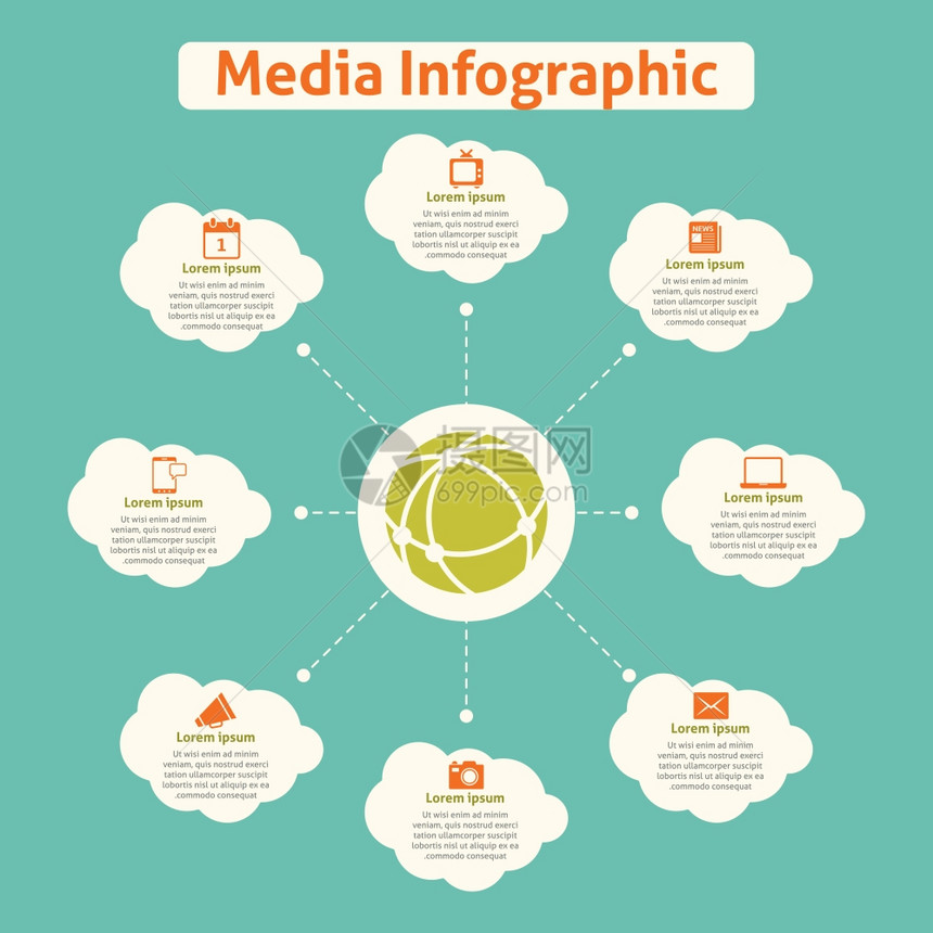 媒体全球信息与云通信图标矢量插图图片