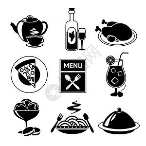 餐厅食品饮料菜单装饰黑白图标孤立矢量插图图片