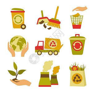 生态废弃彩色图标套垃圾桶,全球植物孤立矢量插图图片