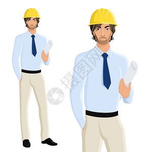 工程师男子英俊的男子工程师头盔与计划纸隔离白色背景矢量插图插画