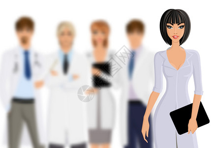 微笑的女医生与平板电脑医务人员队隔离白色背景矢量插图图片