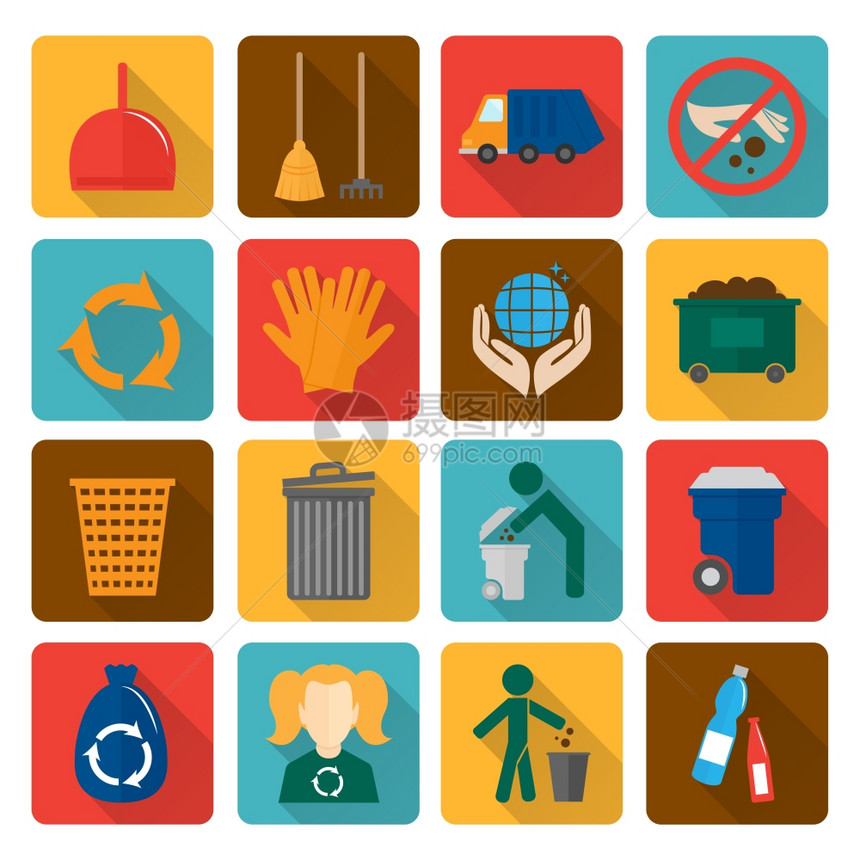 垃圾垃圾清理回收环境符号平阴影图标矢量插图图片