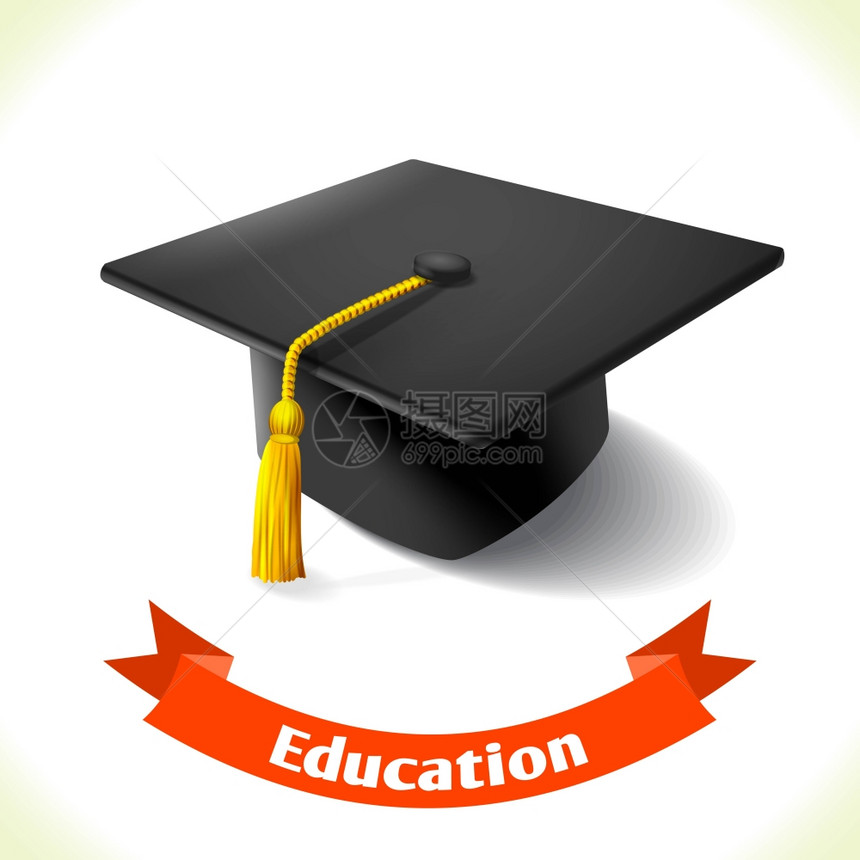 现实学校教育毕业帽图标与丝带横幅隔离白色背景矢量插图图片