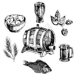 啤酒鱼装饰啤酒小吃店品脱璃与薯片图标草图涂鸦抽象矢量孤立插图插画