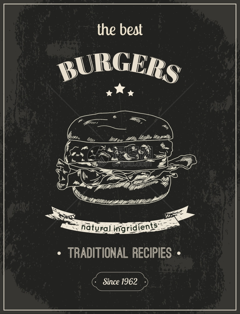 汉堡复古素描风格海报黑板上的餐厅矢量插图图片