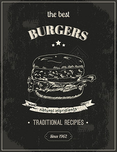 汉堡复古素描风格海报黑板上的餐厅矢量插图背景图片