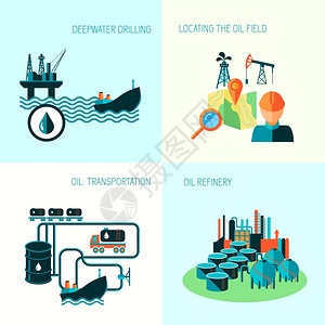 石油工业经营理念汽油柴油生产燃料分配运输四个图标成矢量图图片