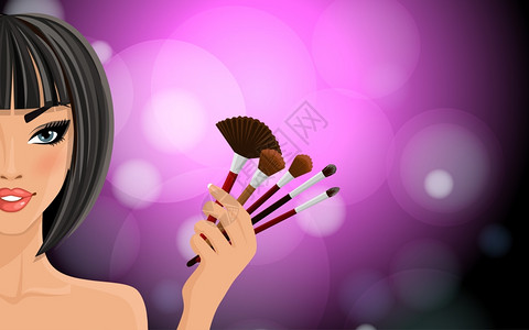 刷出美丽漂亮的女人,黑色的头发,着紫色闪亮的背景矢量插图上的化妆设备插画