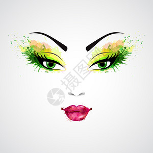 时尚抽象的女人用绿色橙色的化妆矢量插图粗糙的脸图片