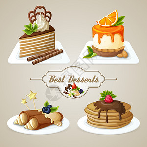 装饰糖果最好的甜点套薄饼芝士蛋糕分层蛋糕与糖浆矢量插图图片
