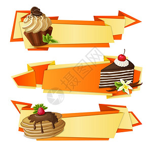 装饰糖果食品纸横幅巧克力松饼香草蛋糕煎饼甜点孤立矢量插图图片