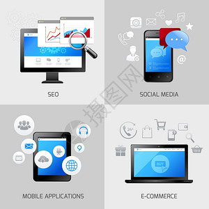 SEO网络移动,社交媒体应用,电子商务图标孤立矢量插图技术高清图片素材